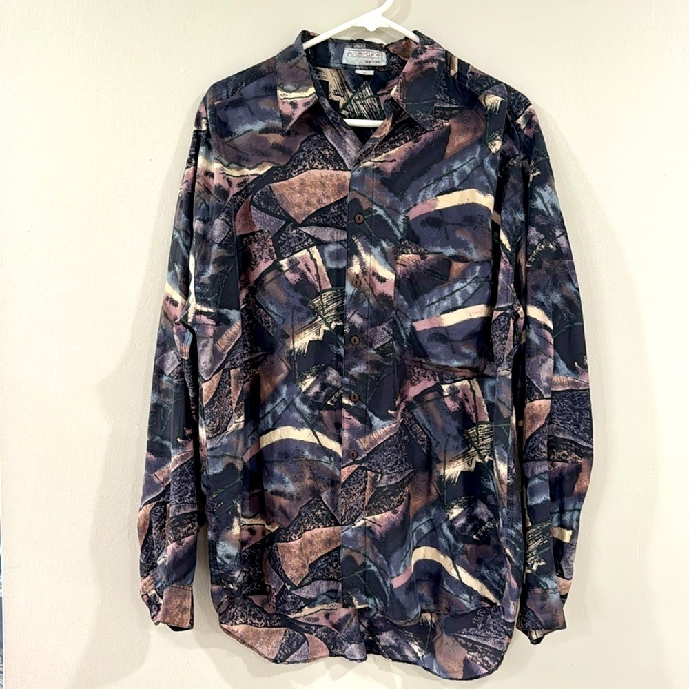 Vintage Autumn Mountain silk button down mens artsy shirt art deco